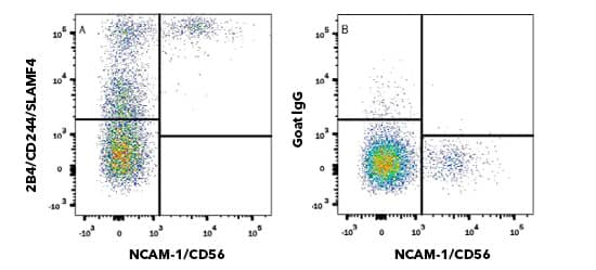 Pseudocolor flow cytometry plot showing 2B4 expression in PBMCs compared to isotype control.