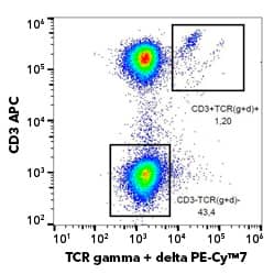 Pseudocolor flow cytometry plot showing expression of gamma-delta TCR on CD3+ T cells.