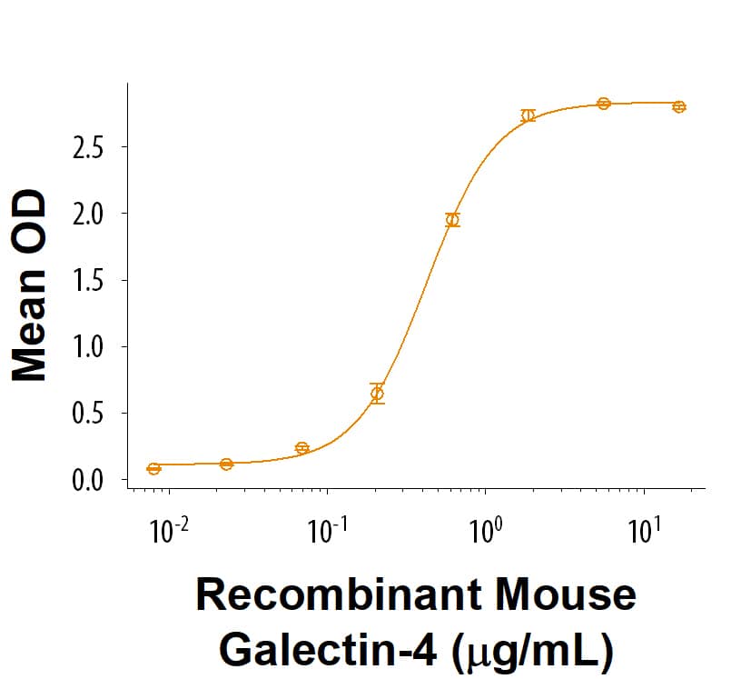 When Recombinant Mouse CEACAM-5/CD66e Fc Chimera (10403-CM) is immobilized at 0.5 μg/mL (100 μL/well), Recombinant Mouse Galectin-4 (2128-GA) binds with an ED50 of 0.1-0.8 μg/mL.