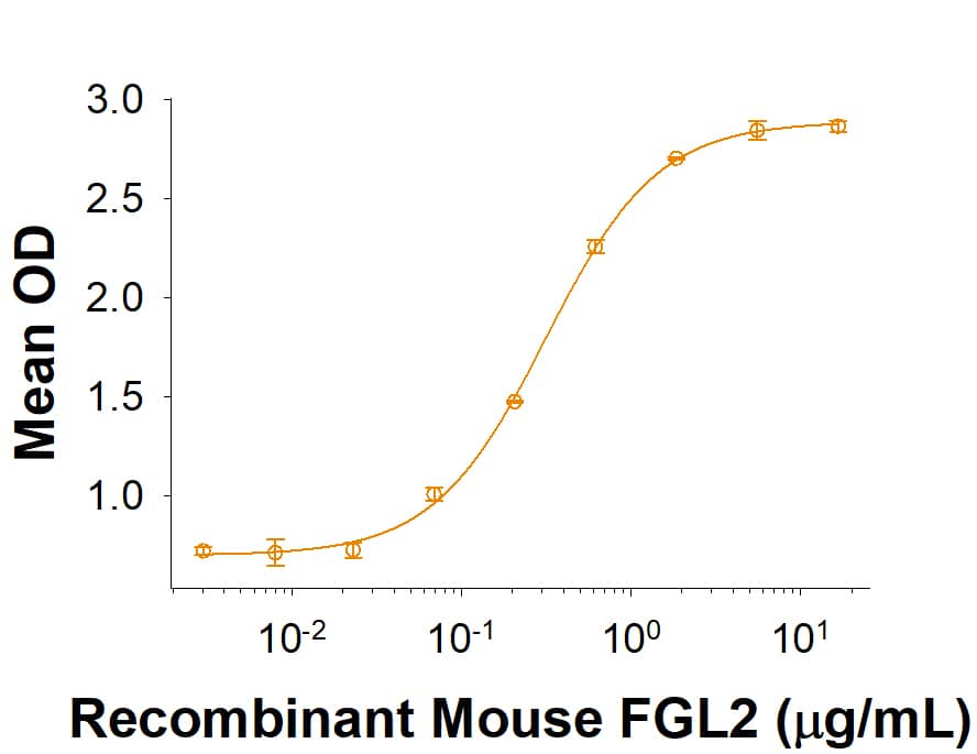 When Recombinant Mouse Fc gamma RIIB/CD32b (1460-CD) is immobilized at 1 µg/mL (100 µL/well), Recombinant Mouse FGL2 HA-tag (Catalog # 10691-FL) binds with an ED50 of 0.1‑0.8 µg/mL.
