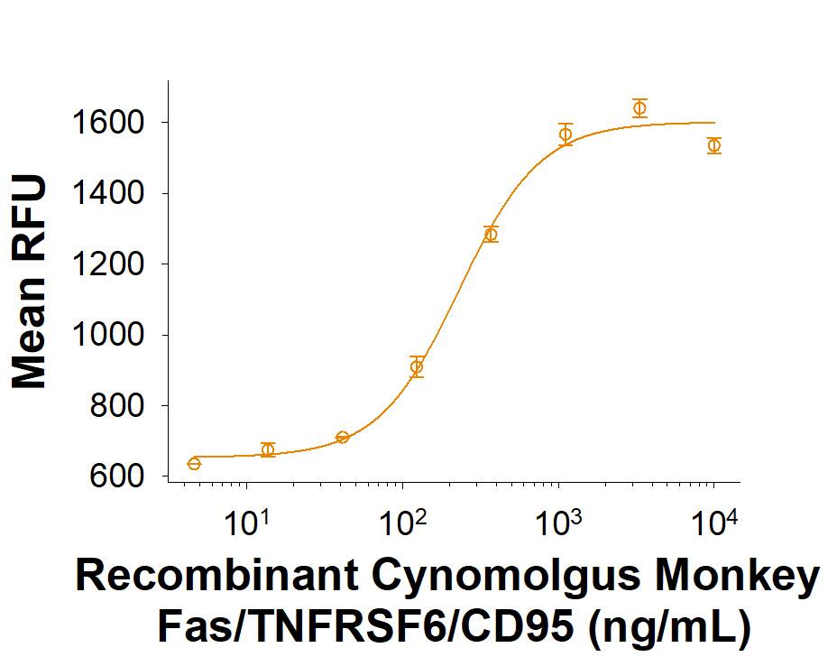 Recombinant Cynomolgus Monkey Fas/TNFRSF6/CD95 Fc Chimera (Catalog # 10755-FS), inhibits Fas Ligand-induced apoptosis of Jurkat human acute T cell leukemia cells. The ED50 for this effect is 40.0-240 ng/mL.