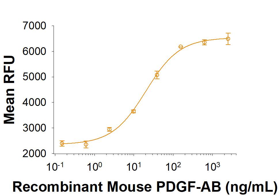 Recombinant Mouse PDGF-AB induces NR6R-3T3 mouse fibroblast cell proliferation. The ED50 for this effect is 15.0-75.0 ng/mL.