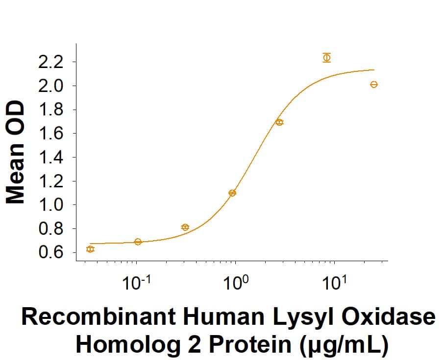 When Recombinant Human ADAMTSL2 His-tag (Catalog# 10950-AD) is immobilized at 2.00 μg/mL, 100 μL/well, the concentration of Recombinant Human Lysyl Oxidase Homolog 2 Protein (2639-AO) that produces 50% of the optimal binding response is approximately 0.60-3.00 μg/mL.