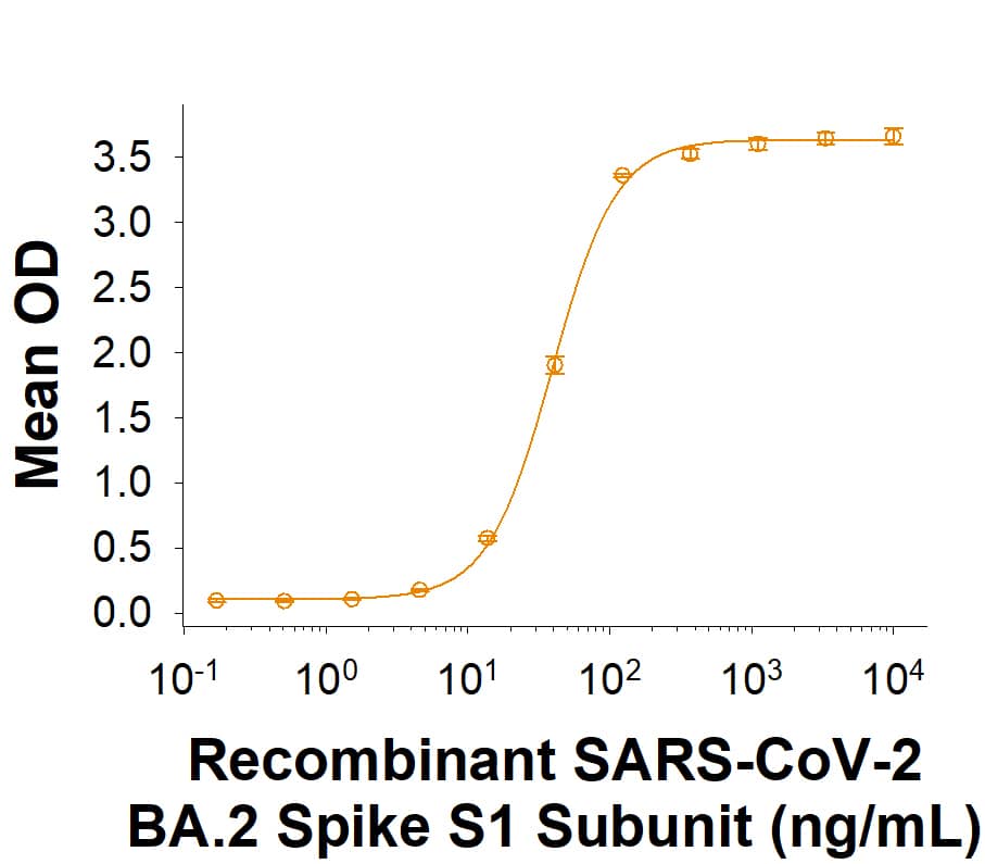 Recombinant SARS-CoV-2 BA.2 Spike S1 Subunit His-tag Protein (Catalog # 11149-CV) binds Recombinant Human ACE-2 Fc Chimera (10544-ZN) in a functional ELISA.