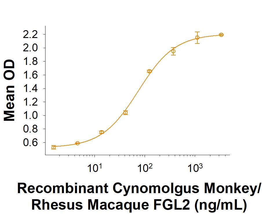 When Recombinant Human Fc gamma  RIIB/C (CD32b/c) (1875-CD) is immobilized at 2 µg/mL (100 µL/well), Recombinant Cynomolgus Monkey/Rhesus Macaque FGL2 His-tag Protein (Catalog # 11193-FL) binds with an ED50 of 60.0-900 ng/mL.