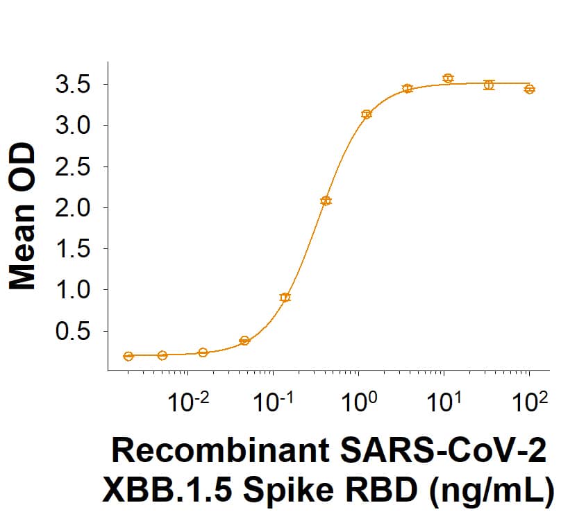 Recombinant SARS-CoV-2 XBB.1.5 Spike RBD His-tag Protein (Catalog # 11360-CV) binds Recombinant Human ACE-2 Fc Chimera (10544-ZN) in a functional ELISA.