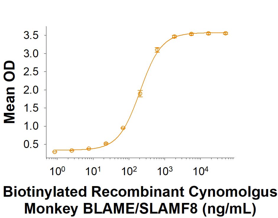 Recombinant Cynomolgus Monkey BLAME/SLAMF8 His-tag (Catalog # 11395-BL) binds Biotinylated Recombinant Cynomolgus Monkey BLAME/SLAMF8 Fc Chimera with an ED50 of 60.0-720 ng/mL.