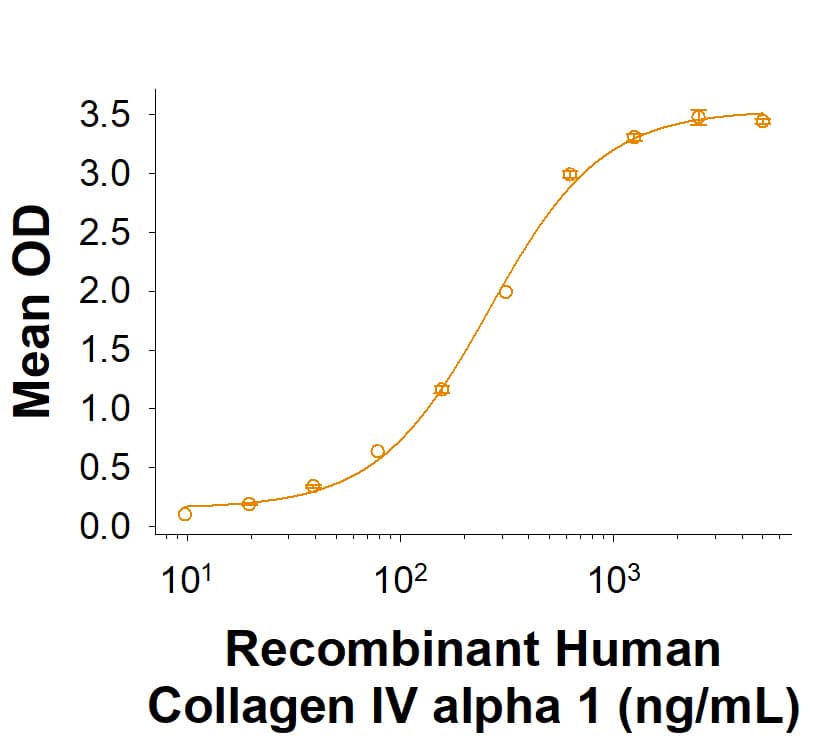 Recombinant Human Collagen IV alpha 1 His-tag Protein (Catalog # 11597-CL) binds Recombinant Human Integrin  alpha 1 beta 1 (7064-AB) with an ED50 of 85.0‑850 ng/mL.