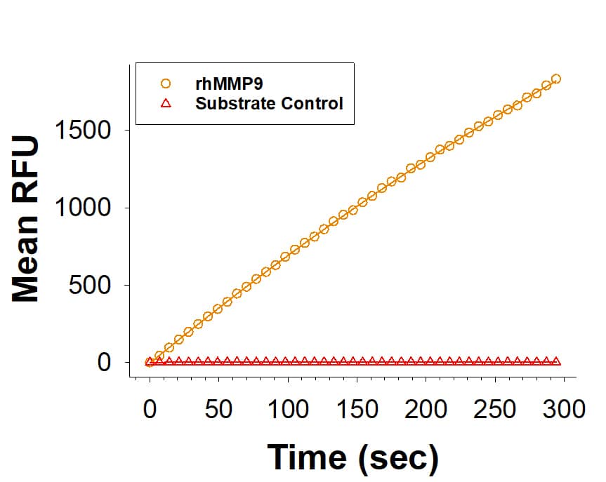 Recombinant Human MMP-9 Activated (Catalog # 11602-MP) is measured by its ability to cleave the fluorogenic peptide substrate, Mca-PLGL-Dpa-AR-NH2 (ES001). 