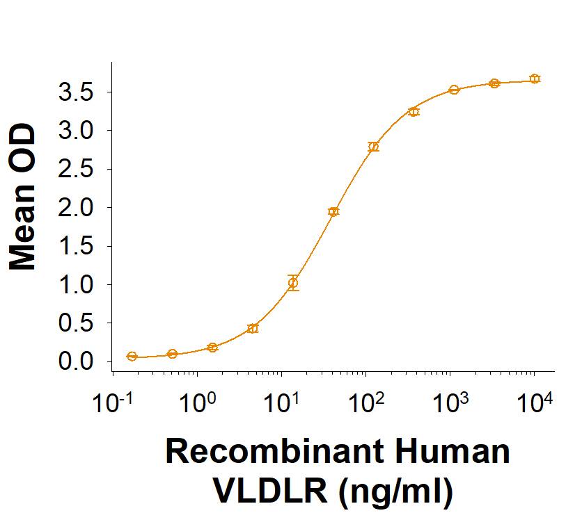 Measured by its binding ability in a functional ELISA. Recombinant Human Apolipoprotein E4/ApoE4 Protein (Catalog # 11736-AE) binds to Recombinant Human VLDLR Protein (8444-VL) with an ED50 of 10.0‑100 ng/mL.