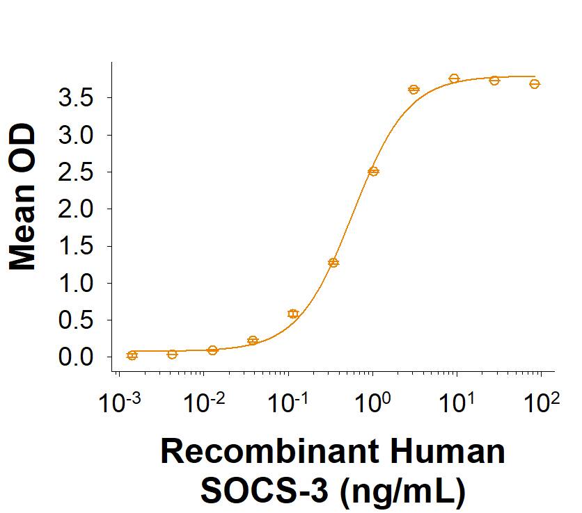Measured by its binding ability in a functional ELISA. Recombinant Human SOCS‑3 His-tag Protein (Catalog # 11817-S3) binds to Human/Mouse SOCS-3 Antibody (MAB5696) with an ED50 of 0.150-1.50 ng/mL.
