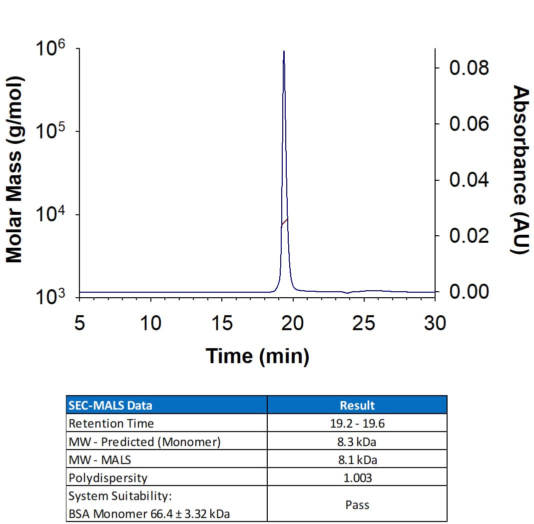 Recombinant Human C5a Protein (Catalog # 2037-C5/CF) has a molecular weight (MW) of 8.1 kDa as analyzed by SEC-MALS, suggesting that this protein is a monomer.