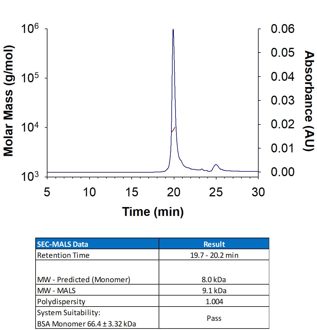 Recombinant Human NRG1-beta 1/HRG1-beta 1 EGF Domain Protein (Catalog # 396-HB/CF) has a molecular weight (MW) of 9-10 kDa as analyzed by SEC-MALS, suggesting that this protein is a monomer. 