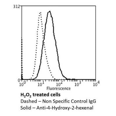 Flow Cytometry: 4-Hydroxy-2-hexenal Antibody (6F10) [NBP2-59352] - Flow Cytometry analysis using Mouse Anti-4-hydroxy-2-hexenal Monoclonal Antibody, Clone 6F10 (NBP2-59352). Tissue: Neuroblastoma cells (SH-SY5Y). Species: Human. Fixation: 90% Methanol. Primary Antibody: Mouse Anti-4-hydroxy-2-hexenal Monoclonal Antibody (NBP2-59352) at 1:50 for 30 min on ice. Secondary Antibody: Goat Anti-Mouse: PE at 1:100 for 20 min at RT. Isotype Control: Non Specific IgG. Cells were subject to oxidative stress by treating with 250 M H2O2 for 24 hours.