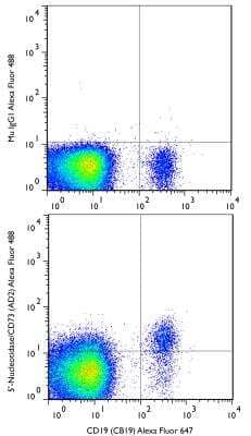 Flow Cytometry: 5'-Nucleotidase/CD73 Antibody (AD2) [Alexa Fluor 488] [NBP2-48480AF488] - A surface stain was performed on human peripheral blood lymphocytes with CD73 (AD2) antibody NBP2-48480AF488 and a matched isotype control NBP2-27287AF488. Cells were incubated in an antibody dilution of 5 ug/mL for 20 minutes at room temperature. A co-stain was performed with NBP2-25196AF647.