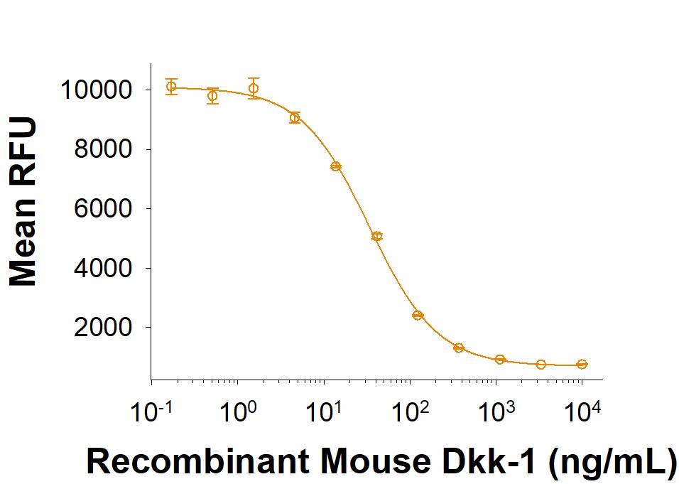 Recombinant Mouse Dkk-1 Protein (Catalog # 5897-DK/CF) inhibits Wnt induced TCF reporter activity in HEK293 human embryonic kidney cells. The ED50 for this effect is 10.0-250 ng/mL.