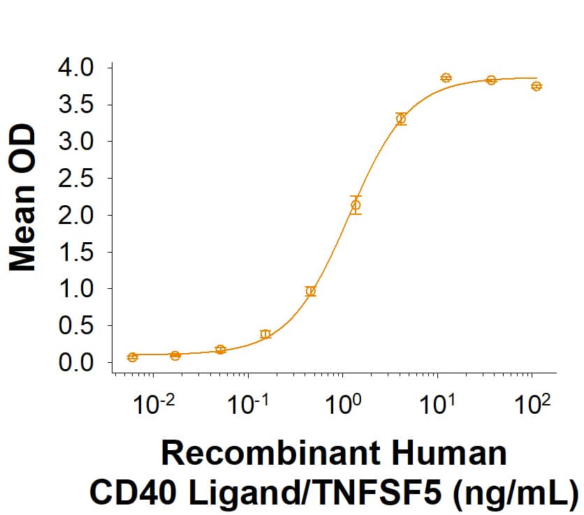 In a functional ELISA, Recombinant Human CD40 Ligand/TNFSF5 (aa 108-261) (Catalog # 6245-CL) binds to Recombinant Human CD40/TNFRSF5 Fc Chimera (1493-CDB) with an ED50 of 0.300-3.60 ng/mL.