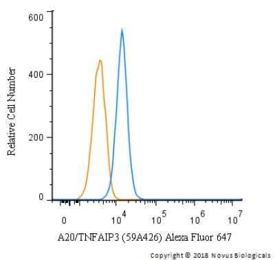 Flow Cytometry: A20/TNFAIP3 Antibody (59A426) [Alexa Fluor® 647] [NBP1-77533AF647] - An intracellular stain was performed on SK-MEL-28 cells with A20/TNFAIP3 (59A426) antibody NBP1-77533AF647 (blue) and a matched isotype control (orange). Cells were fixed with 4% PFA and then permeablized with 0.1% saponin. Cells were incubated in an antibody dilution of 2.5 ug/mL for 30 minutes at room temperature. Both antibodies were conjugated to Alexa Fluor 647.