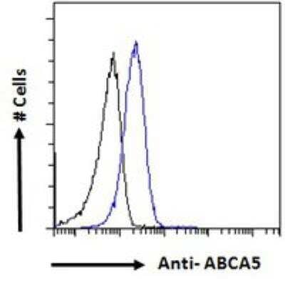 Flow Cytometry: ABCA5 Antibody [NBP2-80146] - Flow cytometric analysis of paraformaldehyde fixed HepG2 cells (blue line), permeabilized with 0.5% Triton. Primary incubation 1hr (10 ug/mL) followed by Alexa Fluor 488 secondary antibody (1 ug/mL). IgG control: Unimmunized goat IgG (black line) followed by Alexa Fluor 488 secondary antibody.