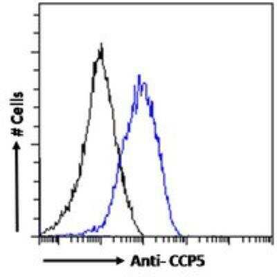 Flow Cytometry: AGBL5 Antibody [NBP2-27482] - Analysis of paraformaldehyde fixed NIH3T3 cells (blue line), permeabilized with 0.5% Triton. Primary incubation overnight (10 ug/mL) followed by Alexa Fluor 488 secondary antibody (1 ug/mL). IgG control: Unimmunized goat IgG (black line) followed by Alexa Fluor 488 secondary antibody.