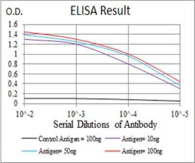 ELISA: AP2 alpha Antibody (1A10C5) [NBP2-52571] - Black line: Control Antigen (100 ng); Purple line: Antigen(10ng); Blue line: Antigen (50 ng); Red line: Antigen (100 ng).