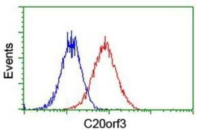 Flow Cytometry: APMAP Antibody (OTI4F6) - Azide and BSA Free [NBP2-72080] - Analysis of Hela cells, using anti-APMAP antibody, (Red), compared to a nonspecific negative control antibody (Blue).