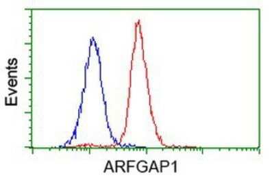 CyTOF-ready: ARFGAP1 Antibody (OTI1F6) - Azide and BSA Free [NBP2-72013] - Analysis of Jurkat cells, using anti-ARFGAP1 antibody, (Red), compared to a nonspecific negative control antibody (Blue).