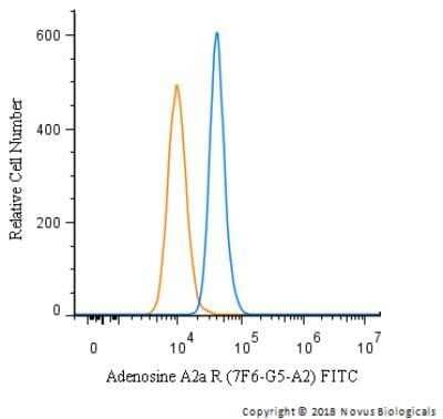 Flow Cytometry: Adenosine A2aR Antibody (7F6-G5-A2) - Azide and BSA Free [NBP2-80562] - An intracellular stain was performed on U-87 MG cells with Adenosine A2a R (7F6-G5-A2) antibody NBP1-39474F (blue) and a matched isotype control (orange). Cells were fixed with 4% PFA and then permeablized with 0.1% saponin. Cells were incubated in an antibody dilution of 10 ug/mL for 30 minutes at room temperature. Both antibodies were directly conjugated to FITC.