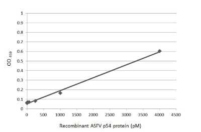 Sandwich ELISA: African Swine Fever Virus p54 Antibody (GT1075) [NBP3-13672] - Sandwich ELISA detection of recombinant African Swine Fever Virus p54 using antibodies as below. Capture: African Swine Fever Virus p54 antibody [GT853] (NBP3-13671) (5 ug/mL) Detection: HRP-conjugated African Swine Fever Virus p54 antibody [GT1075] (NBP3-13672) (1 ug/mL) Please notice that NBP3-13672 needs to be conjugated to HRP to function as the detection antibody when paired with NBP3-13671. Please contact us for custom HRP-conjugated antibody.