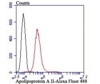 Flow Cytometry: Apolipoprotein A-II/ApoA2 Antibody (JB70-35) [NBP2-75410] - Analysis of HepG2 cells with Apolipoprotein A II antibody at 1/100 dilution (red) compared with an unlabelled control (cells without incubation with primary antibody; black). Alexa Fluor 488-conjugated goat anti-rabbit IgG was used as the secondary antibody.