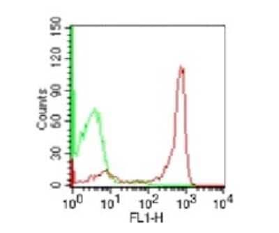 Flow (Cell Surface): B220/CD45R Antibody (RA3-6B2) [NB100-77420] - Analysis using the Alexa Fluor (R) 488 conjugate of NB100-77420. Staining of CD45R on 10^6 BALB/c mouse splenocytes using 0.25 ug of this antibody. Green histogram represents isotype control; red represents CD45R antibody. Cell surface flow kit was used for this test (cells were not fixed for testing).