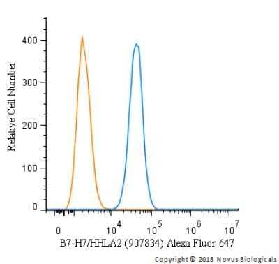 Flow Cytometry: B7-H7/HHLA2 Antibody (907834) - Azide Free [MAB80842] - An intracellular stain was performed on Caco-2 cells with B7-H7/HHLA2 Antibody [907834] MAB80842AF647 (blue) and a matched isotype control (orange). Cells were fixed with 4% PFA and then permeabilized with 0.1% saponin. Cells were incubated in an antibody dilution of 2.5 ug/mL for 30 minutes at room temperature. Both antibodies were conjugated to Alexa Fluor 647.