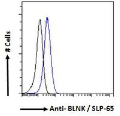 Flow Cytometry: BLNK Antibody [NB100-804] - Flow cytometric analysis of paraformaldehyde fixed Daudi cells (blue line), permeabilized with 0.5% Triton. Primary incubation 1hr (10 ug/mL) followed by Alexa Fluor 488 secondary antibody (1 ug/mL). IgG control: Unimmunized goat IgG (black line) followed by Alexa Fluor 488 secondary antibody.