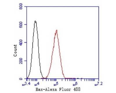 Flow Cytometry: Bax Antibody (SZ3-07) [NBP2-67365] - Flow cytometric analysis of Bax was done on A549 cells. The cells were fixed, permeabilized and stained with the primary antibody (ET1603-34, 1/50) (red). After incubation of the primary antibody at room temperature for an hour, the cells were stained with a Alexa Fluor 488-conjugated Goat anti-Rabbit IgG Secondary antibody at 1/1000 dilution for 30 minutes. Unlabeled sample was used as a control (cells without incubation with primary antibody; black).