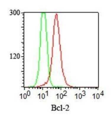 Flow Cytometry: Bcl-2 Antibody (100/D5) - Azide and BSA Free [NBP2-33315] - Intracellular staining of Bcl-2 in fixed and permeabilized Jurkat cells using Bcl-2 antibody (red) and isotype control (green) at 0.5 ug/10^6 cells.