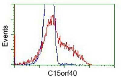 Flow Cytometry: C15orf40 Antibody (OTI2B7) - Azide and BSA Free [NBP2-72375] - HEK293T cells transfected with either overexpression plasmid (Red) or empty vector control plasmid (Blue) were immunostaining by anti-C15orf40 antibody, and then analyzed by flow cytometry.