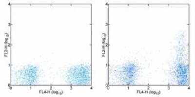 Flow Cytometry: CCR5 Antibody (T21/8) [PE] [NBP2-00325] - Staining of normal human peripheral blood cells with Anti-Human CD3 APC and Mouse IgG1 kappa Isotype Control PE (left) or Anti-Human CD195 (CCR5) PE (right). Cells in the lymphocyte gate were used for analysis.