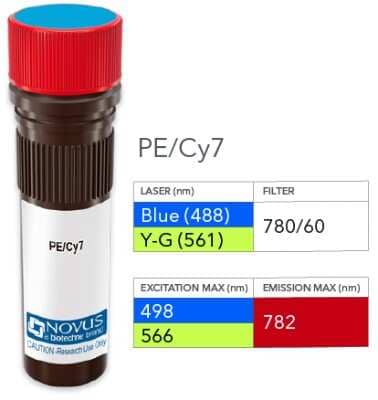 Product Image: CCR7 Antibody (3D12) [PE/Cy7] [NBP1-43332PECY7] - Vial of PE/Cy7 conjugated antibody. PE/Cy7 has two excitation maxima, 489 nm excited by the Blue laser (488 nm) and 566 nm excited by the Yellow-Green laser (561 nm). Both result in emission at 782 nm.