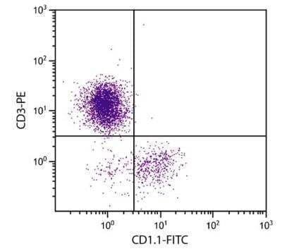 Flow Cytometry: CD1.1 antigen Antibody (CB3) [NBP1-28362] - Chicken peripheral blood mononuclear cells were stained with Mouse Anti-Chicken CD1.1-FITC and Mouse Anti-Chicken CD3-PE. 