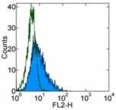 Flow Cytometry: CD117/c-kit Antibody (YB5.B8) [NBP1-43358] - Analysis using the Biotin conjugate of NBP1-43358. Staining of TF-1 cell line with 0.5 ug of Mouse IgG1 kappa Isotype Control Biotin (open histogram) or 0.5 ug of Anti-Human CD117 (c-Kit) Biotin (filled histogram) followed by Streptavidin PE.