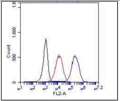 Flow Cytometry: CD14 Antibody (Sa14-2) [NBP1-51121] - 100000 RAW264.7 cells were stained with 1ug/ml antibody for 1h at 4C (black - no staining; Red - isotype c ontrol; blue-NBP1-51121)