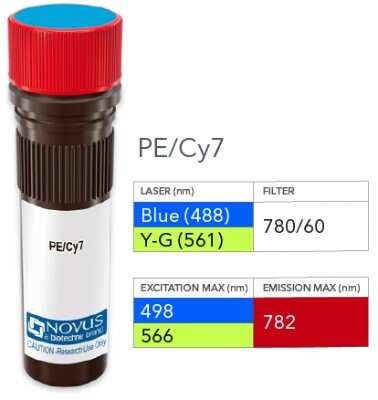 Product Image: CD19 Antibody (HIB19) [PE/Cy7] [NBP1-42967] - Vial of PE/Cy7 conjugated antibody. PE/Cy7 has two excitation maxima, 489 nm excited by the Blue laser (488 nm) and 566 nm excited by the Yellow-Green laser (561 nm). Both result in emission at 782 nm.