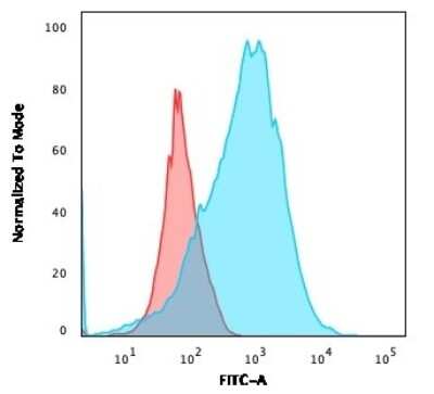 Flow Cytometry: CD2 Antibody (BH1) [NBP2-32926] - Flow Cytometric Analysis of MOLT-4 cells using CD2 Antibody (BH1) followed by goat anti-Mouse IgG-CF488 (Blue); Isotype Control (Red).