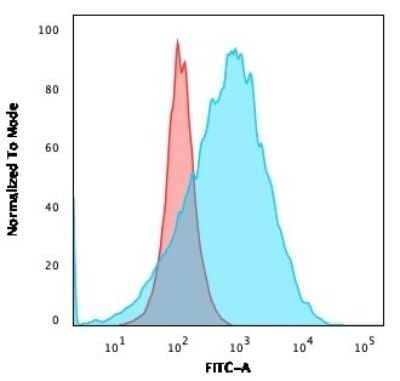 Flow Cytometry: CD20 Antibody (SPM494) [NBP2-44744] - Flow Cytometric Analysis of Raji cells using CD20 Antibody (SPM494) followed by Goat anti-Mouse IgG-CF488 (Blue); Isotype Control (Red).