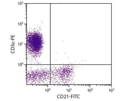 Flow Cytometry: CD21 Antibody (BB6-11C9.6) [FITC] [NBP1-28246] - Porcine peripheral blood lymphocytes were stained with Mouse Anti-Porcine CD21-FITC and Mouse Anti-Porcine CD3 epsilon-PE.