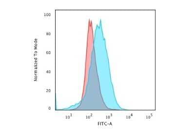 Flow Cytometry: CD28 Antibody (C28/1636) [NBP2-53342] - Flow Cytometric Analysis of paraformaldehyde-fixed Jurkat cells using CD28 Antibody (C28/1636) followed by goat anti-Mouse IgG-CF488 (Blue); Isotype control (Red).