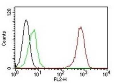 Flow Cytometry: CD31/PECAM-1 Antibody (C31.7) - Azide and BSA Free [NBP2-33136] - Flow Cytometric Analysis of human CD31 on Jurkat cells. Black: Cells alone; Green: Isotype Control; Red: PE-labeled CD31/PECAM-1 Antibody (C31.7) - Azide and BSA Free.
