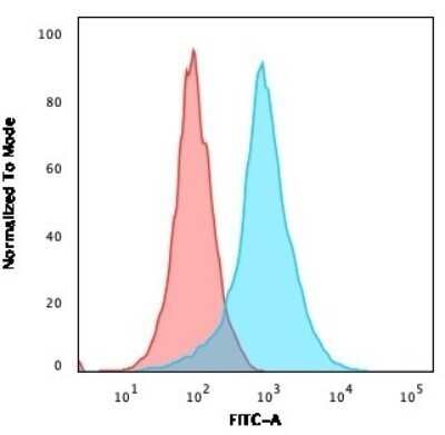 Flow Cytometry: CD31/PECAM-1 Antibody (C31.7) - Azide and BSA Free [NBP2-33136] - Flow Cytometric Analysis of paraformaldehyde-fixed Jurat cells using CD31/PECAM-1 Antibody (C31.7)followed by goat anti- Mouse- IgG-CF488 (Blue); Isotype Control (Red).