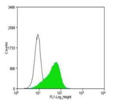 Flow Cytometry: CD34 Antibody (MEC 14.7) - Azide and BSA Free [NBP2-80642] - CD34 (MEC 14.7) antibody was tested at 1:250 in WEHI-3 cells with DyLight 488 (green) alongside a matched isotype control (black). Image from the standard format of this antibody.