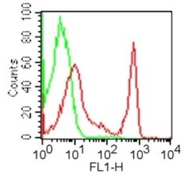 Flow Cytometry: CD4 Antibody (GK1.5) [FITC] [NBP2-26584] - Cell surface flow analysis of CD4 in 10^6 BALB/c mouse splenocytes using 1 ug of NBP2-26584. Green represents isotype control (20212C); red represents mouse CD4 NBP2-26584 antibody.